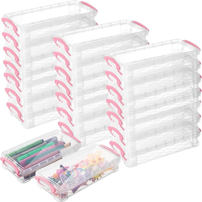 Gueevin 24 Pcs Large Capacity Plastic Pencil Box Clear Plastic Pencil Case Crayon Box with Snap Tight Lid Watercolor Pen Storage Brush Organizer Drawing Tools Container (Pink) by Gueevin