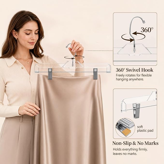 14" Clear Pants Hangers with Clips 50 Pack, Plastic Skirts Hangers | Slim Space Saving, Adjustable Clips Hangers with 360° Swivel Hook & Non-Slip Pad for Adults and Kids, Pants, Shirt, Jeans - Image 4
