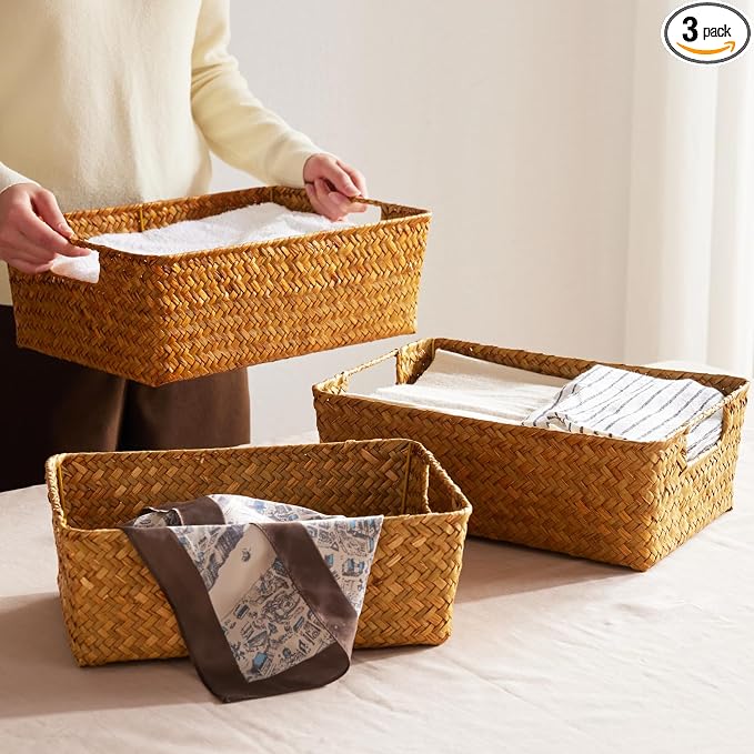 Seagrass Storage Basket with Handles, Stackable Woven Baskets Bins Container for Organizing Shelves Bedroom Living Room, Set of 3, Natural by Unknown