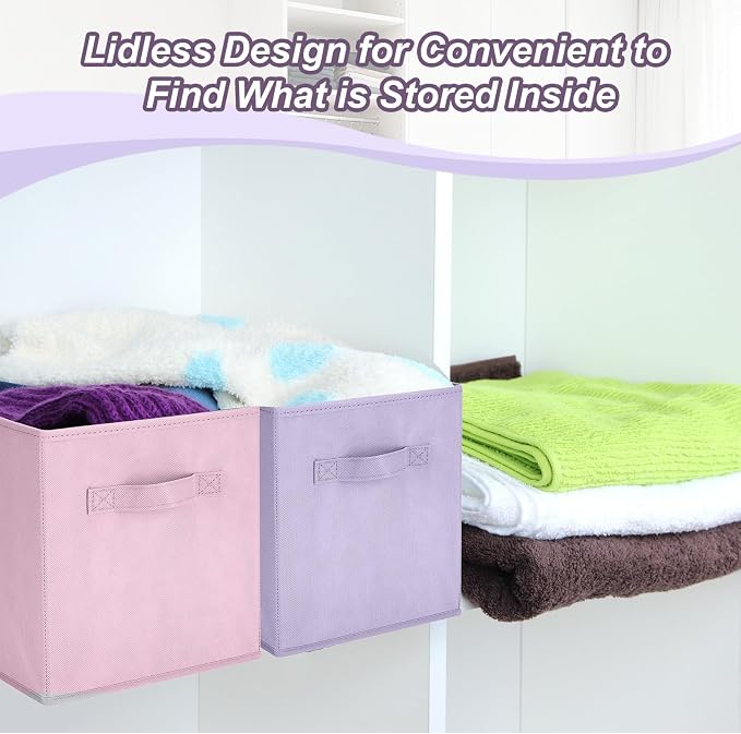 Hillban 24 Pcs Storage Cubes 11'' Collapsible Storage Bins Bulk Fabric Cubes Basket with Dual Handles Organizer Cube for Closet Toy Classroom Shelf Room (Solid Style,Pastel) - Image 5