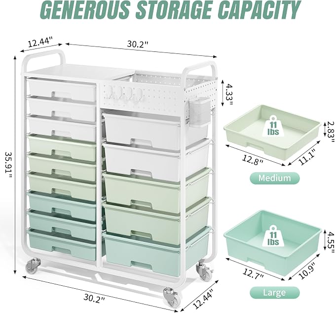14 Drawer Rolling Storage Cart with Tabletop and Pegboard for Crafts Green | Easy Setup, Large Capacity, Sturdy Build, Smooth Mobility, For classroom, office and dorm supplies - Image 3