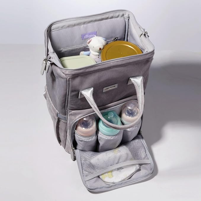 SUNVENO Velvet Stitching Diaper Bag Backpack Large Capacity Tote Shoulder Nappy Bag Organizer for Baby Care with Insulated Pockets,Waterproof Fabric, Grey - Image 3