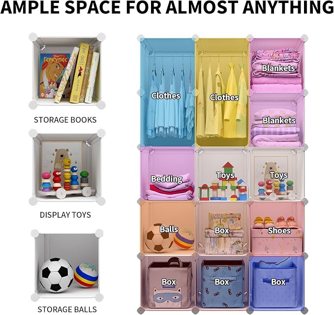 Modular Baby Wardrobe Closet, Portable Children Organizers and Storage for Nursery,15 Cubes with Hanging Rods,Multi-Functional Kids Storage Shelf-Bedroom Clothes Armoire (Boys & Girls) - Image 3