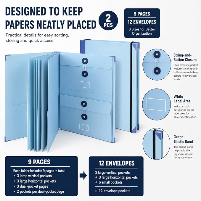 2 Pack Document Organizer File Folder, 12 Pockets, A4 Size | String and Button Closure, Elastic Band Security, Multi-Size Storage, Easy Sorting, Portable Design, Home Office and Travel - Image 4