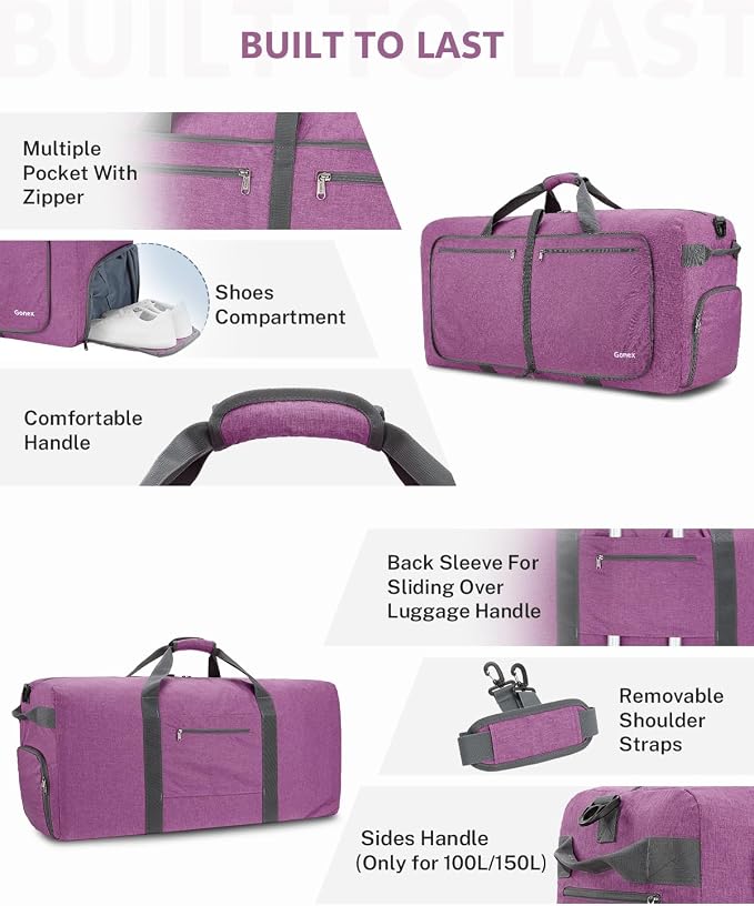 Gonex 60L Foldable Travel Duffle Bag with Shoe Compartment, Lightweight | 210D Nylon, Water-Repellent, Folds Compact, Multiple Pockets, Luggage Sleeve, Weekend Trips & Camping, Mauve - Image 5