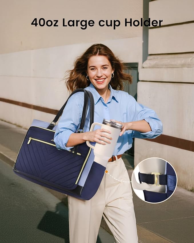 LOVEVOOK Tote Bag for Women, Work Bags Laptop Bag with Large Cup Holder, Quilted Nurse Bag Diaper Tote with Multi-Pockets, Large Computer Handbag Purse for Bussiness Travel, 15.6 Inch - Image 3