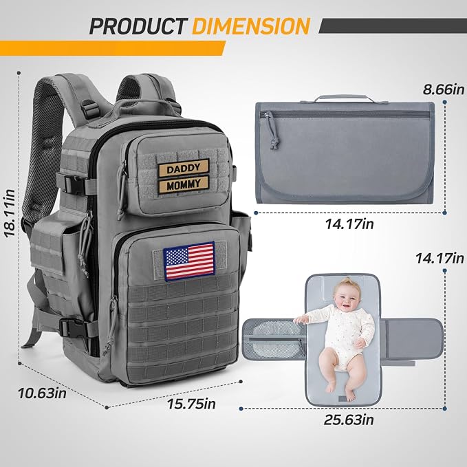 SHARKMOUTH Baby Diaper Bag for Dad - Large Military Daddy Gear Backpack with Changing Pad for Travel Camping Hiking - Newborn Baby Shower Gifts Gray - Image 3