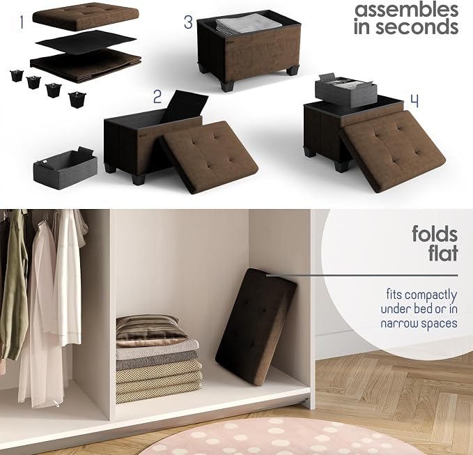 Storage Ottoman Cube with Small Bin, 16-in Square Ottoman with Storage for Living Room and Bedroom, Small Ottomans Foot Rest, Velvet Foot Stools Ottomans Max 330lbs, Brown - Image 8