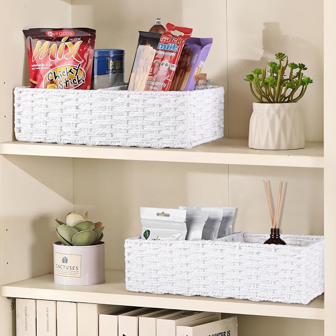 2 Section Wicker Storage Basket, Wicker Baskets for Storage, Toilet Paper Basket for Toilet Tank Top, Small Wicke Baskets for Organizing Shelves, 2-Pack, White - Image 4