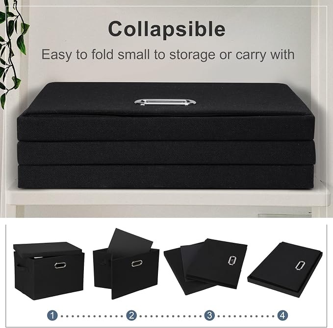 Graciadeco Large 17" 36 Quart Collapsible Stackable Storage Bins with Lids, 3 Packs Black Linen Fabric Closet Boxes with Lids, Storage Cube Baskets Container Organizers for Bedroom Office(17 x12 x11) | 36 Quart 3 Pack Black Collapsible Stackable Linen ... - Image 5