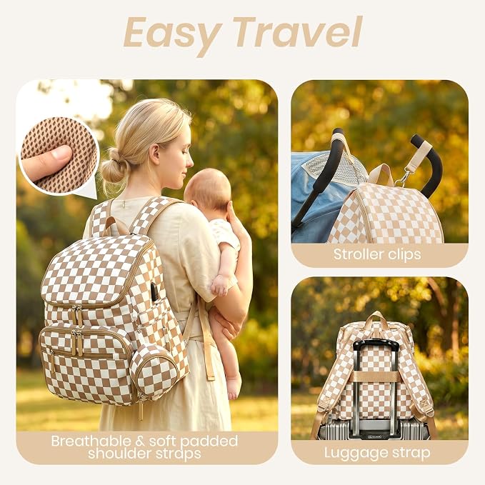 FHELAD Checkered Diaper Bag Backpack with Changing Pad & Stroller Clips | Baby Diaper Bag, Baby Shower Gifts, 4 Insulated Bottle Holders, Wet Wipe Pocket, Luggage Strap - Image 6