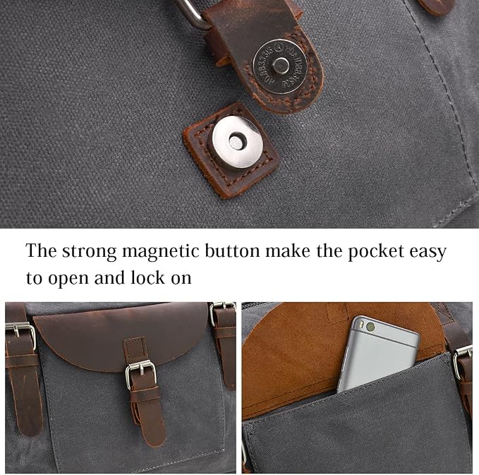 Oversized Travel Duffel Bag Waterproof Canvas Genuine Leather Weekend bag Weekender Overnight Carryon Hand Bag Grey - Image 5