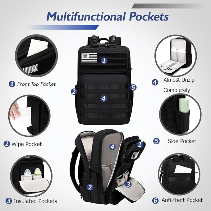 Large Dad Diaper Bag Backpack, Tactical Style, Black | Stroller Clips, Luggage Sleeve for Travel, Insulated Pockets - Image 5