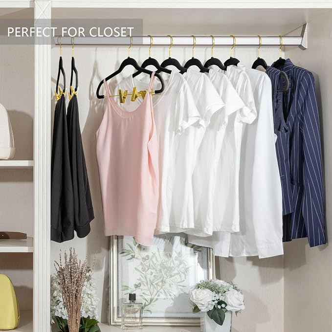 MIZGI Premium Velvet Pants Hangers with Adjustable Clips (Pack of 30) Slim Skirt Hangers- Non Slip Felt Outfit Dress Hangers Black - Gold Hooks,Space Saving Shirt Clothes Hangers - Image 5