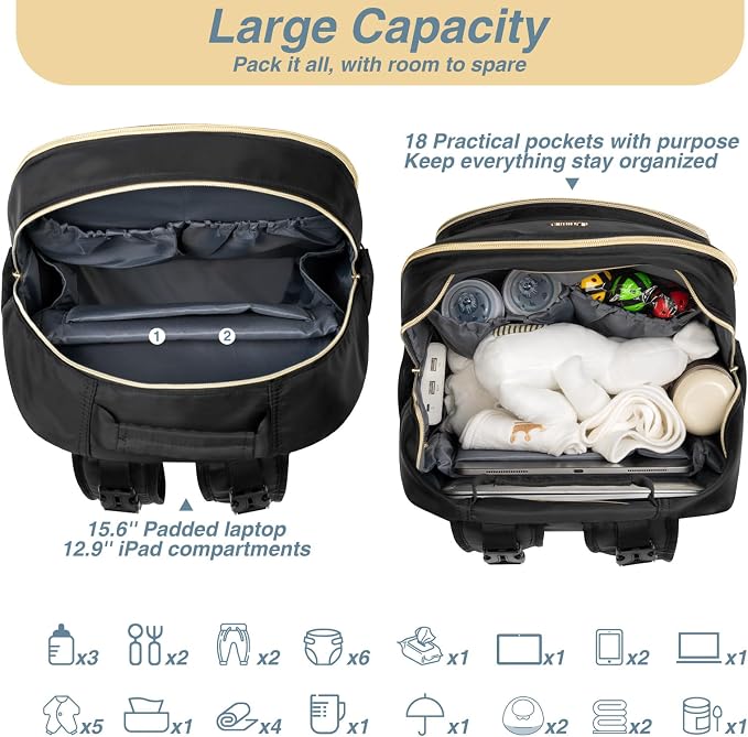 Diaper Bag Backpack, Quilted Baby Bag with Changing Pad & Stroller Straps & Pacifier Case, Large Travel Diaper Bags for Mom Dad, Black - Image 4