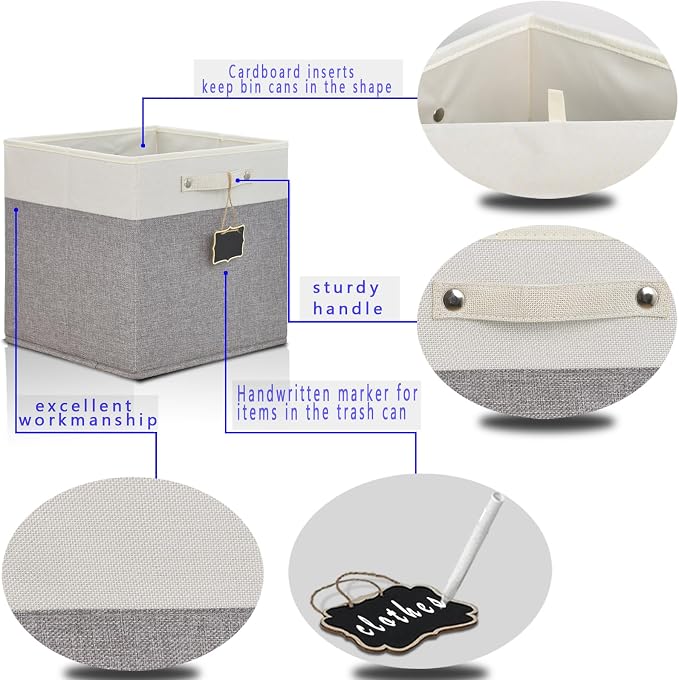 13x13x13 Storage Cube Bins 4 Pack,Collapsible Fabric Storage Cubes with Labels,Linen Cube Storage Organizer Bins with Cotton Handles,Square Storage Cubes for Home,Office,Clothes,Cabinet(White Grey). - Image 2