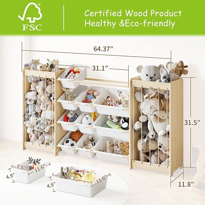 EXPERLAM Large Toy Storage Organizer, Wooden Stuffed Animal Storage & 12-Bins Toy Organizer, Double-Sided Plush Toy Holder Featuring Thicker Ropes, Space Save Playroom Nursery Bedroom Storage, White - Image 2