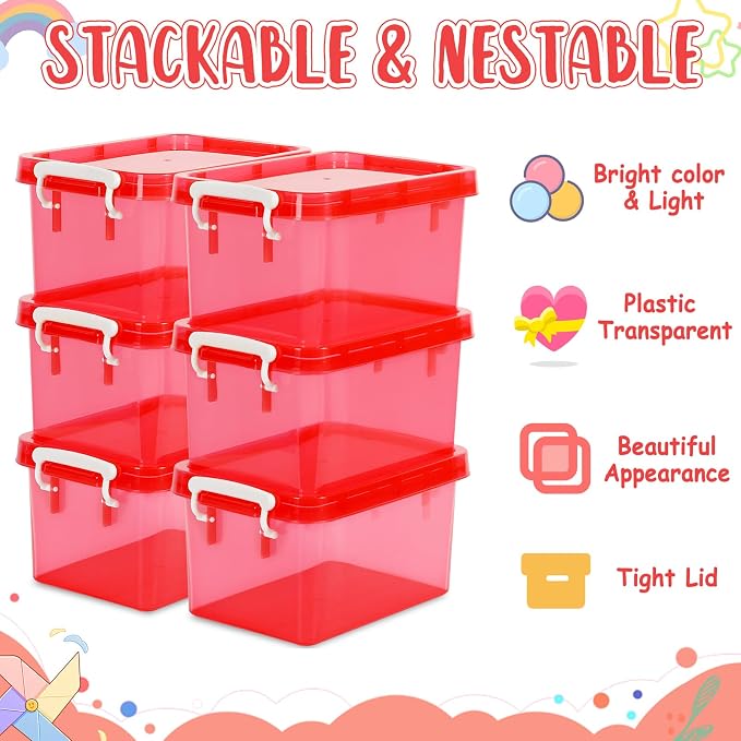 6 Pack 4 Quart Colorful Plastic Storage Bins with Lids Stackable Storage Bins with Latching Lids Handle Clear Colored Storage Organizer Bins for Home Office Pantry Containers(6 Red) - Image 3