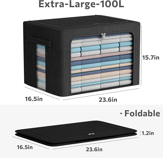 CYhom 3Pack Foldable Storage Bins - Frame Storage Box Linen Fabric Stackable Clothes Container Organizer with Clear Window & Carry Handles Large Capacity (Extra Large-100L, Black) - Image 3