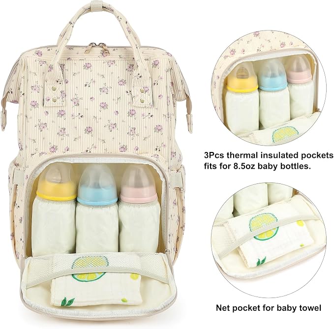 Corduroy Diaper Bag Backpack for Baby Girls Boys, Women Large Nappy Bags for Mom (Beige Corduroy Flowers Purple) - Image 3