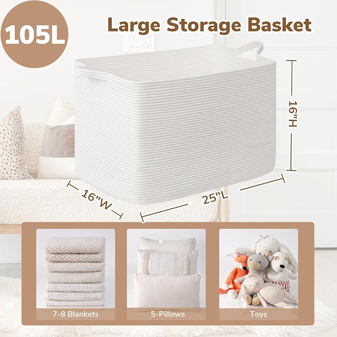 Goodpick 105L Extra Large Woven Rope Blanket Basket, Rectangle, White | 25'' x 16'' x 16'' Storage Basket for Blankets & Clothes, Living Room, Bedroom & Nursery Organization, Reinforced Handles - Image 3