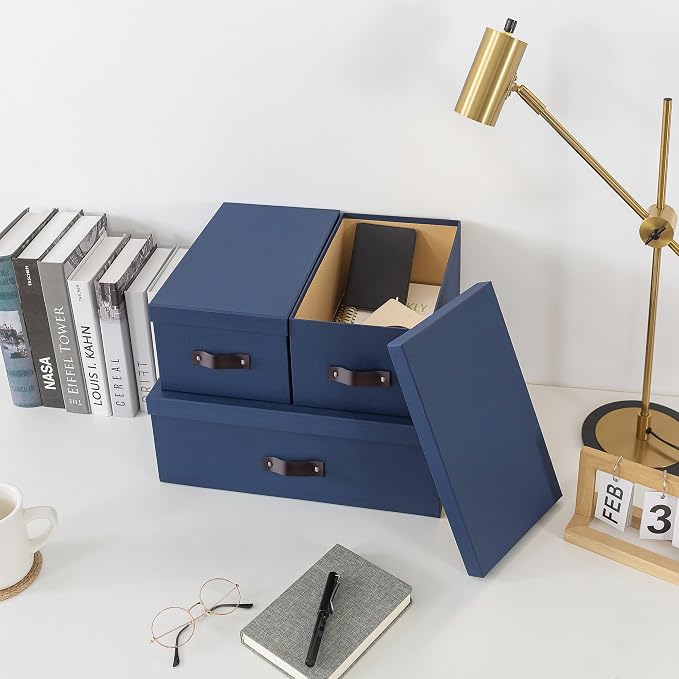 Soul & Lane - Decorative Storage Boxes with Handles, Set of 3, Navy | Sturdy Cardboard Photo Organizers with Lids for Office and Home, Blue Memory Storage Containers for Pictures and Papers - Image 7