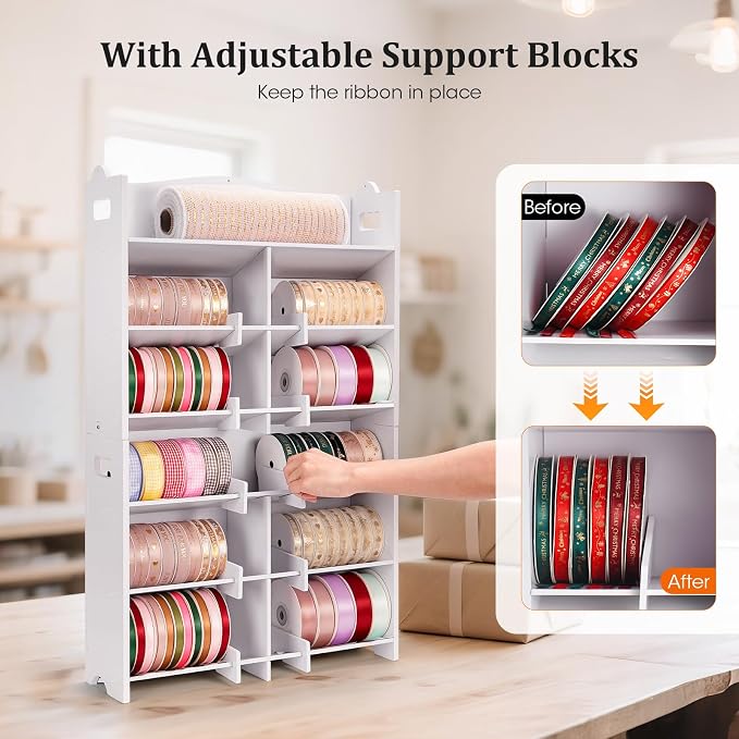 Krafetto 2 Pack Stackable Ribbon Organizer for Spools up to 4 Inches | Desktop and Wall-Mount Storage Keeps Small Ribbon Rolls Visible and Organized - Image 6