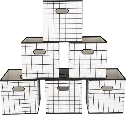 Yunkeeeper storage bins Cubes, Fabric Cube Organizer with Handle, Foldable Cube Bins for Cloth or Accessary Storage, 11x11x11, Set of 6, (White grid) by Yunkeeper