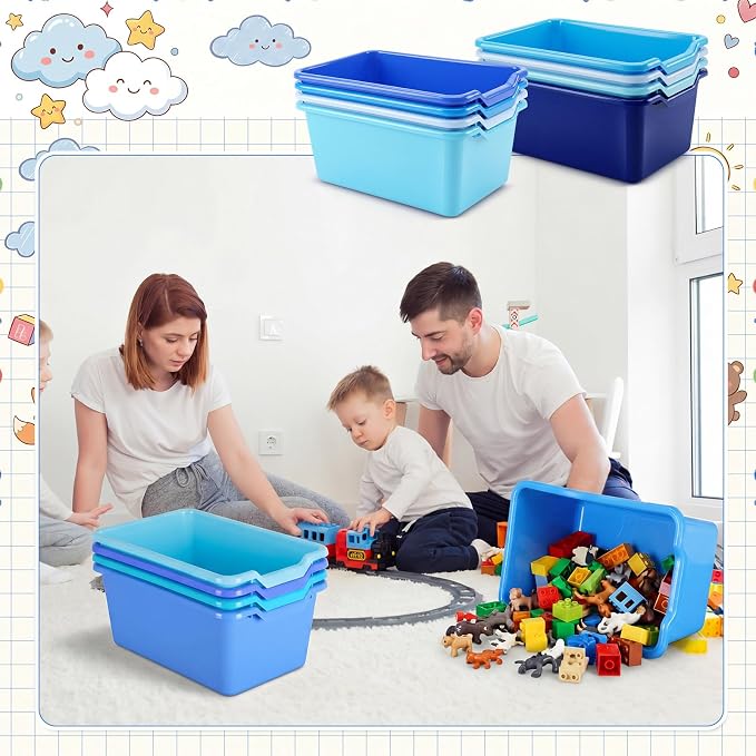 16 Pcs Cubby Bins for Classroom Plastic Book Bins,Blue Series | Storage Bins for Classroom Library, Plastic Stackable Toy Tubs Containers for School Office Home Nursery Playroom - Image 6