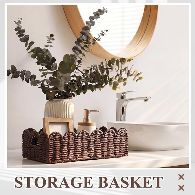 Boao 3 Pcs Boho Storage Wicker Baskets Handmade Woven Decorative Paper Rope Baskets for Organizing with Handle Countertop Toilet Paper Storage Container for Toilet Tank Top(Light Brown,Fan-shaped) - Image 6