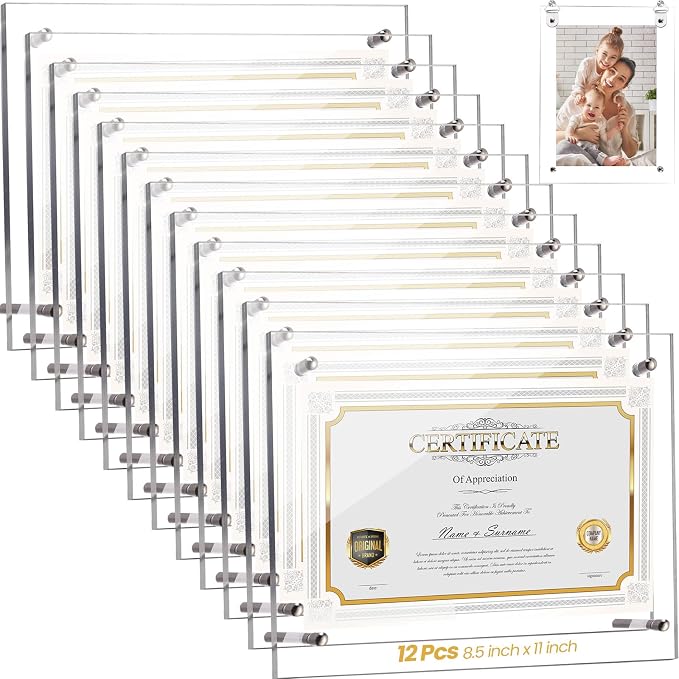 Thyle 8 Pcs Acrylic Photo Frame 8.5 x 11'' Clear Floating Picture Frame Certificate Document Poster Award Diploma Display Tabletop or Hanging Wall Mount for Back to School Teacher Student Gift(Silver) by Thyle