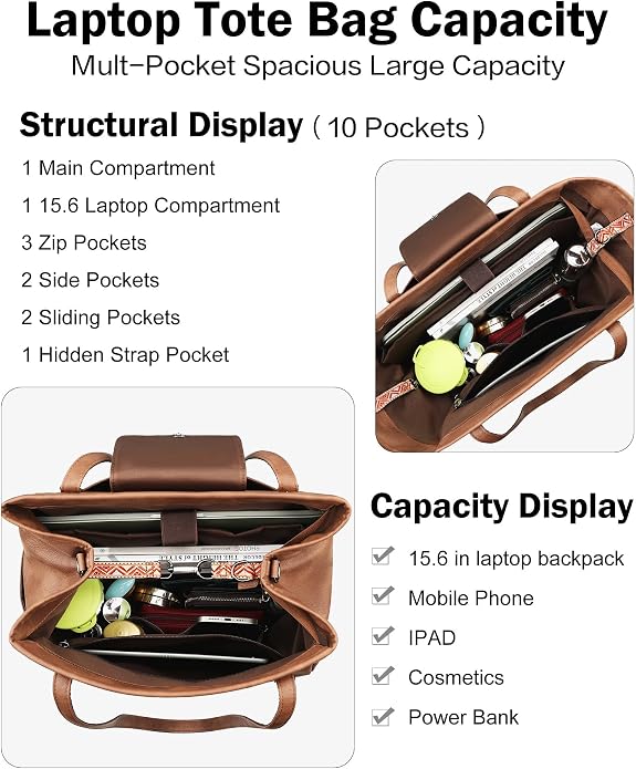 Large Laptop Tote Bag for Women Designer Leather Laptop Bag, 15.6in | Fashion Travel Backpack Purse Shoulder Handbag Fits 15.6 Laptop, Daily, Work, Business Trip, Weekend Travel, Teacher - Image 3