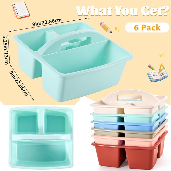 6 Pack Classroom Caddy with Handle Plastic Storage Caddy Organizer with 3 Compartments Desk Caddies Holder Portable Storage Bin for Pencil, Crayon, Marker, Home, Office, School Supply(Morandi Colors) - Image 2