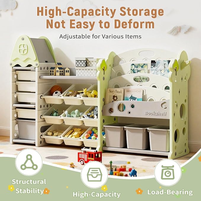 Pipleo Kids Toy Storage Organizer with 17 Removable Bins, 4-Tier Bookshelf for Kids, Multi-Purpose Castle-Shaped Toy Organizer for Playroom, Bedroom, Nursery, Living Room (Green) - Image 3