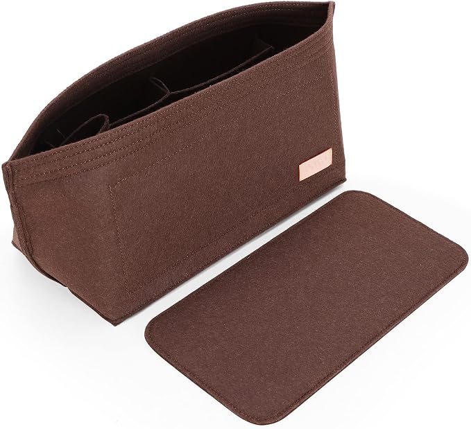 Purse Organizer Insert for Handbags & Base Shaper 2pc Set, Felt Neverfull PM Organizer Insert, Tote Bag Organizer with Zipper Pocket and Bottle Holder, Fit Neverfull PM and More, Brown-M by Doxo