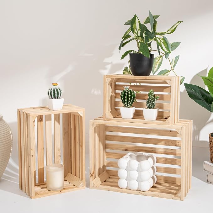 Set of 3 Nesting Wooden Storage Crates - Large Rustic Wooden Storage Crates for Display Wood Container Boxes Wood Baskets for Farmhouse Flower Stand Display Rack for Shops or Exhibitions Home Decor - Image 2