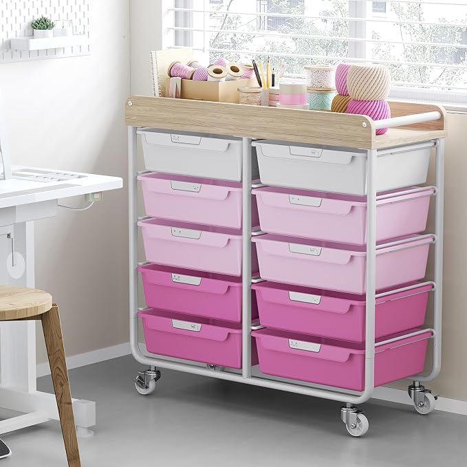 10 Drawers Rolling Cart with Wooden Tabletop, Utility Storage Cart with Wheels, Art Supply Craft Organizer on Wheel with Metal Frame & Handles for Home Office School,Pink | Easy Setup, Large Capacity, Sturdy Build, Lockable Mobility, For office, classr... - Image 2