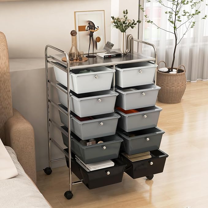 RELAX4LIFE Rolling Storage Cart with 10 Drawers - Craft Storage Cart with Lockable Wheels,Utility Cart, Art Cart Organizer for Crafting Storage, Office, School Rolling Drawer Cart (Gradient Black) - Image 8