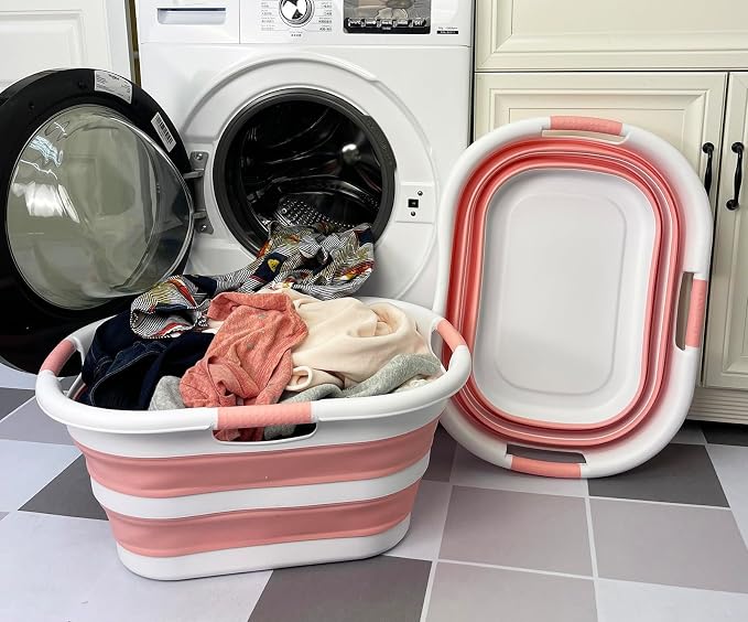 SAMMART 40L (10.5 gallon) Set of 2 Collapsible Plastic Laundry Hamper - Foldable Pop Up Storage Container/Organizer - Portable Washing Tub - Space Saving Basket (2, White/Quartz Pink) - Image 3