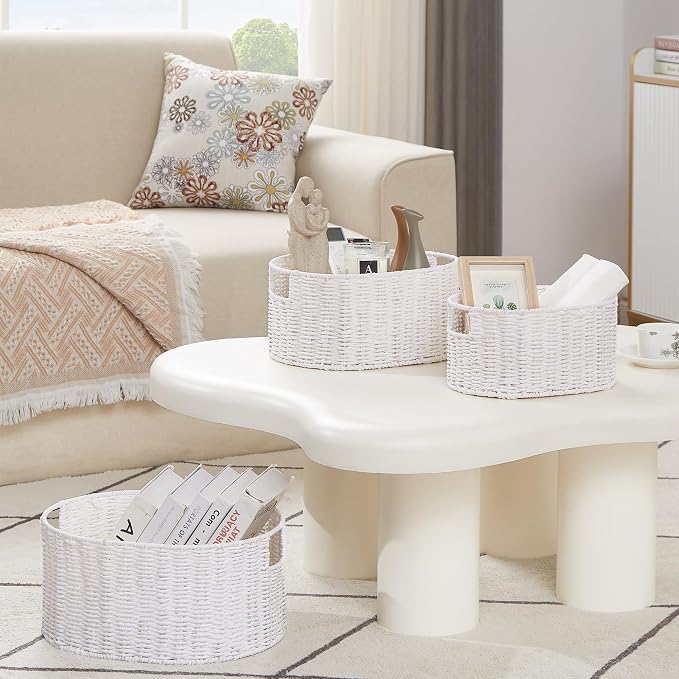 Wicker Storage Basket, Set of 3 Hand-Woven Paper Rope Storage Baskets for Organizing, Round Storage Basket With Handles, Large Wicker Storage Organizer Bins Baskets for Shelves & Decor, White - Image 5