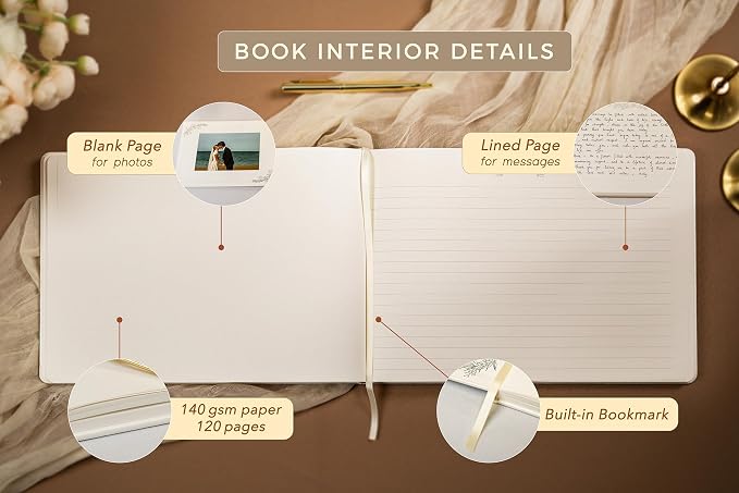 Floral Embossed Wedding Guest Book Set - 9 x 7.5 Hardcover Guestbook for Wedding Reception Sign in, Messages, Bridal Shower Engagement Party (White Cream) - Image 5