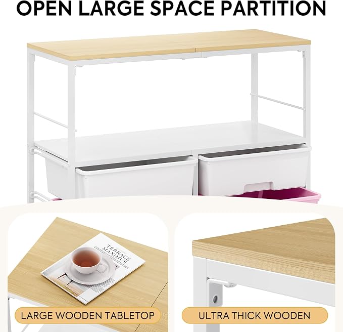 Rolling Storage Cart with 8 Large Drawers, Wooden Tabletop | Open Storage Shelves, Mobile Craft Organizer with Lockable Wheels for Home, Classroom, Office Supplies & Art Studio,Pink - Image 6