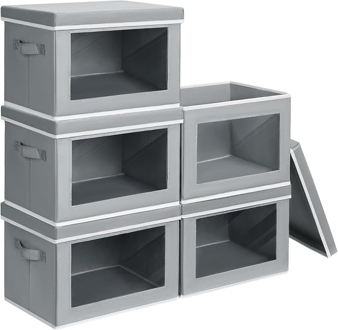Stackable Storage Bins with Lids - Large Decorative Basket with Lids, Fabric Foldable Closet Organizer Bins, Shelf Organizer for Living Room, Dorm, 5 Pack, Grey by Homsorout