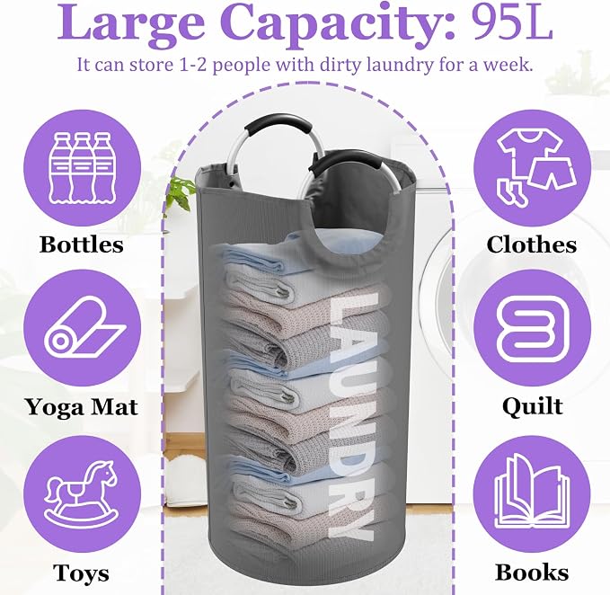 95L Collapsible Laundry Basket, Clothes Hamper with Handle, Dark Grey | IHOMAGIC Freestanding Dirty Clothes Hamper, Portable Storage Basket for Clothes, Laundry Bag for Family, Travel, Camping - Image 2