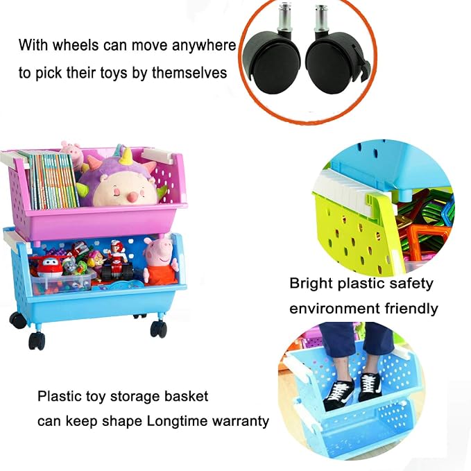 Kids' Toys Chest Large Baskets Storage Bins Organizer with Wheels Can Move Everywhere Natural/Primary (Primary Collection) (6 Baskets Choose) - Image 2