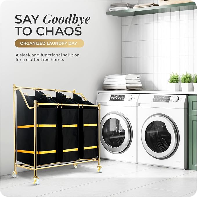 LUXURY STYLE Laundry Hamper, 3-Section Rolling Laundry Sorter Cart with Wheels, Modern Golden Hamper with 3 Bags for Clothes, Toys, and Towels - Image 7