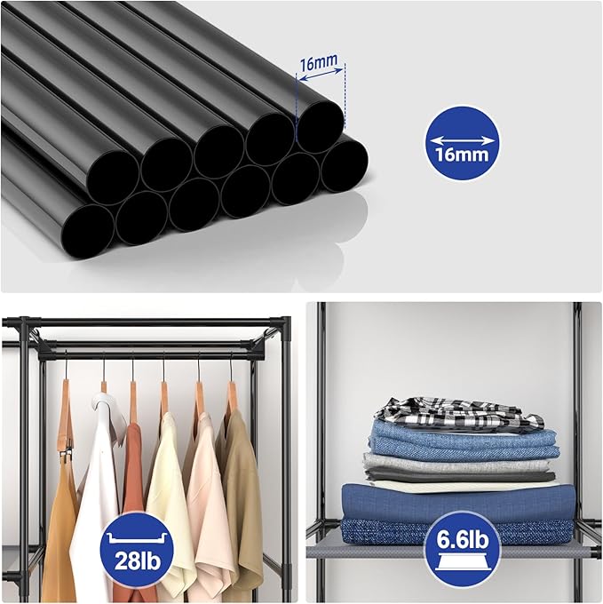 Gray Cover Portable Closet with 6 Shelves & 2 Hanging Rods | Wardrobe closet easy to assemble. Good storage functionality for basic needs. 34.6"×17.7"×66.1". Bedroom, dorm, apartment. - Image 3