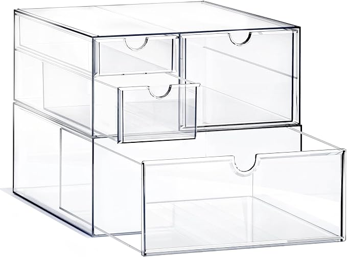 Prsildan Acrylic Drawer Makeup Organizer with 4 Drawers, Set of 2 | Clear, Baby Bottle Storage, For Vanity Countertop Bathroom Cosmetic Office Desk, Craft Jewelry Art Supply Organization by Prsildan