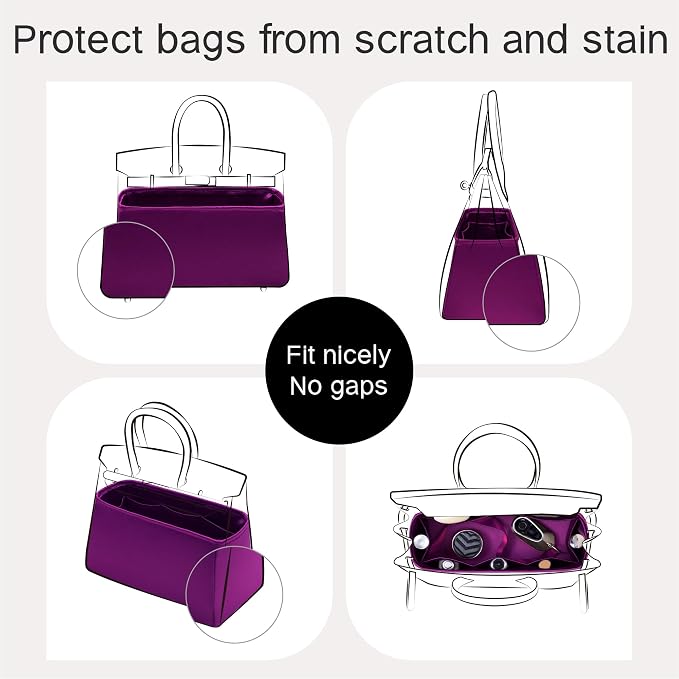 Fits for Brikin Bag Insert Organizer For Hermes(35,Kikyo Purple) | Premium Silk Material,Smooth Touch,Lightweight,zipper,protect from scratches & stains,multiple pockets,keychain,waterproof - Image 6