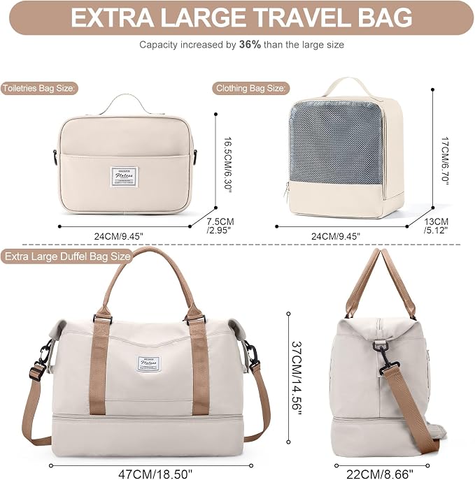 Weekender Bags for Women, Carry-On Overnight Travel Duffel Bag | Travel Bag with Shoes Compartment & Toiletry Bag, Extra Large, 3 Pcs Set - Image 4